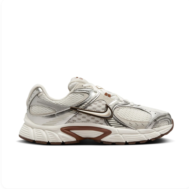 Nike White and Metallic Silver Sneakers with Brown Accents