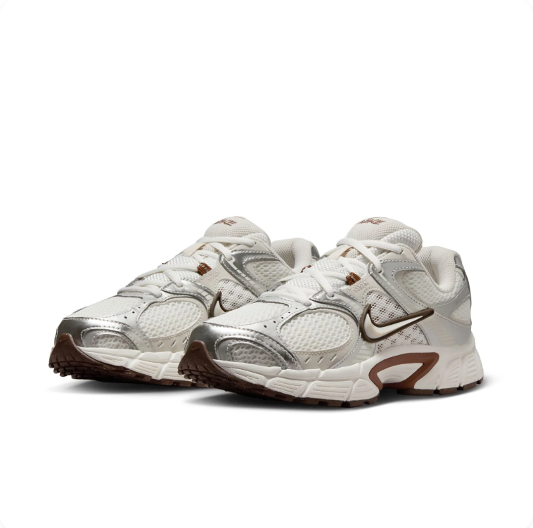 Nike White and Metallic Silver Sneakers with Brown Accents