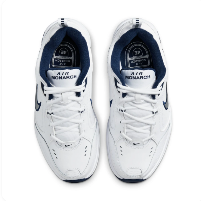 Nike Air Monarch IV White & Navy Sneakers | Layered Upper & Chunky Sole