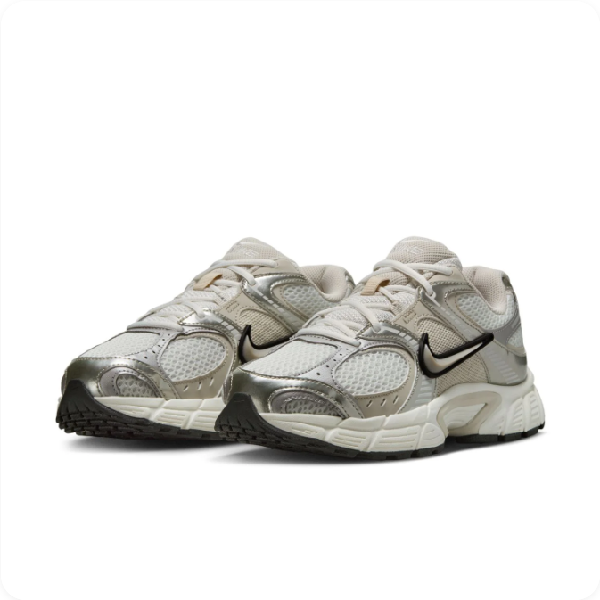Nike Silver & Cream Low-Top Sneakers | Layered Mesh & Black-Outlined Swoosh