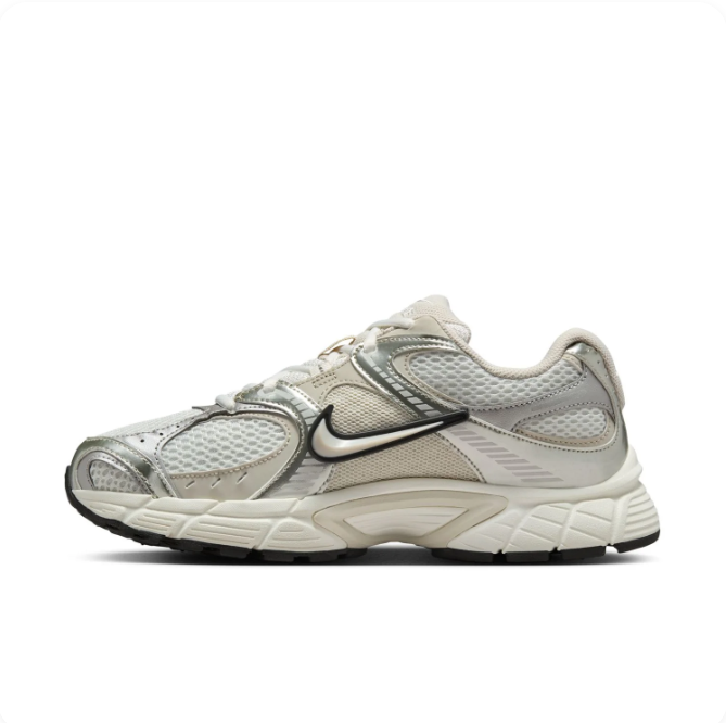 Nike Silver & Cream Low-Top Sneakers | Layered Mesh & Black-Outlined Swoosh